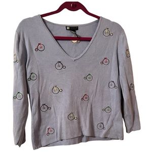 Carol Little Embroidered Bicycles V Neck Pullover Blue Sweater Medium